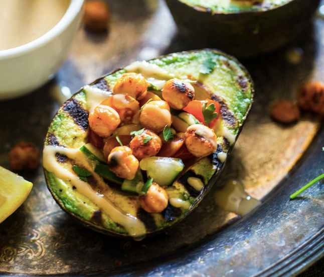 Mediterranean Grilled Avocado Stuffed with Chickpeas and Tahini